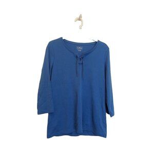 L.L.Bean Women's 3/4 Sleeve Front Tie Top Sky Blue Cotton Size Small REG